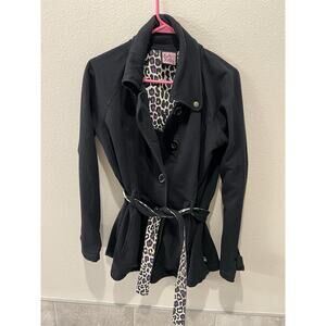 L.A.Kitty Button Front W/ Sash Black Blazer . Size L. Cheetah Print Details